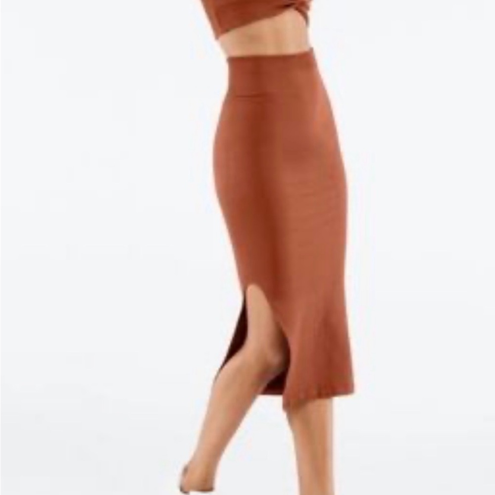Fabletics Rust Ribbed High-Rise Midi Skirt with Side Slit
